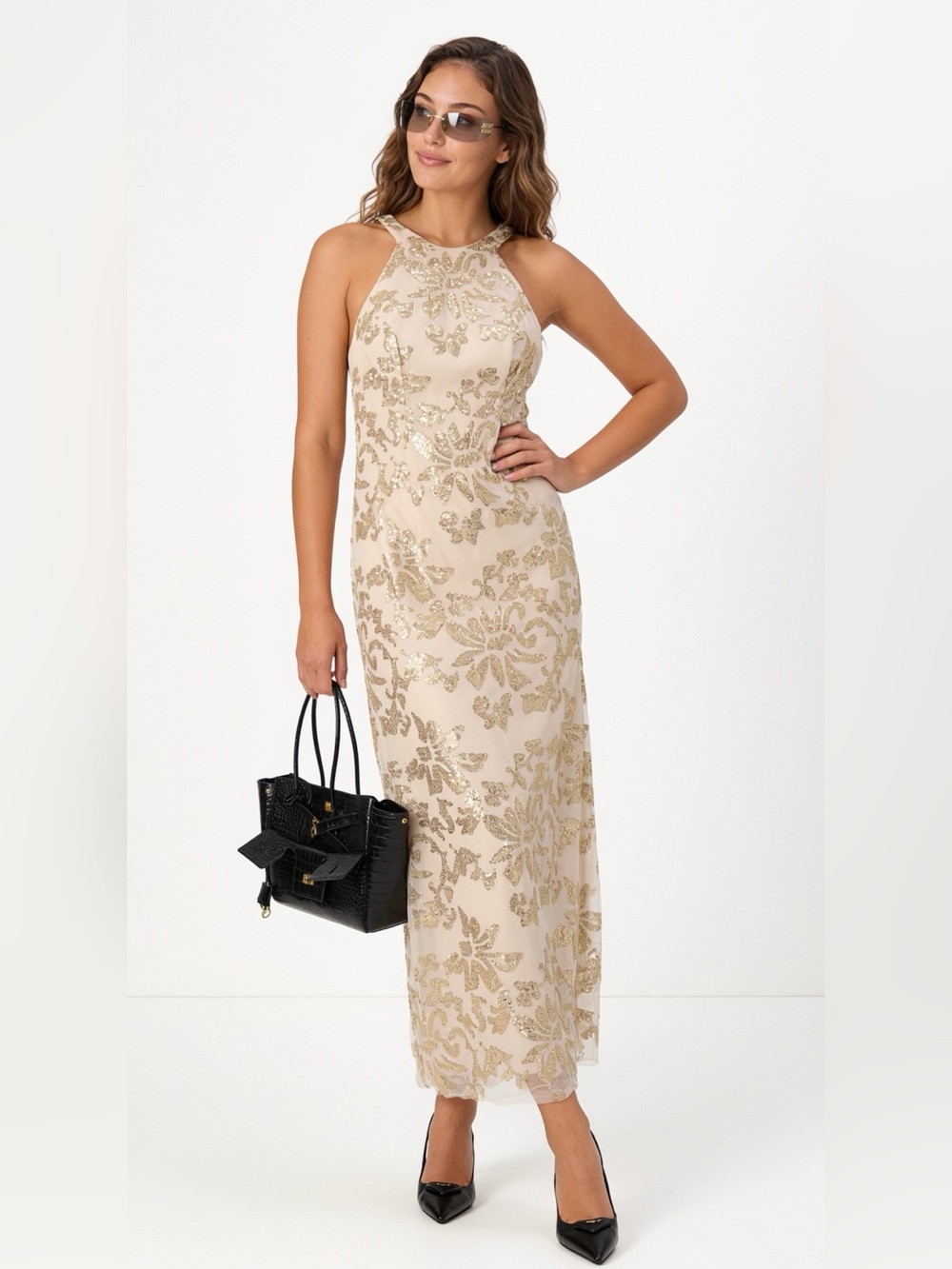 Sleeveless Champagne Sequin Maxi Dress
